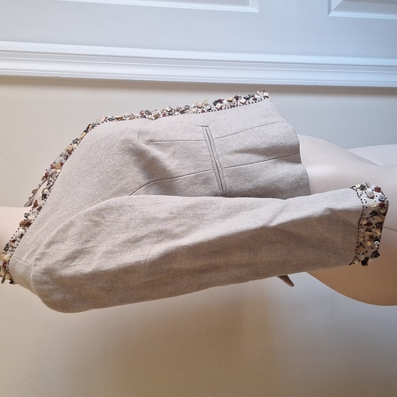 ​BCBGMAXAZRIA Beaded Cropped Linen Jacket | Boho Stone Embellished Blazer Tan XS - Picture 4 of 10